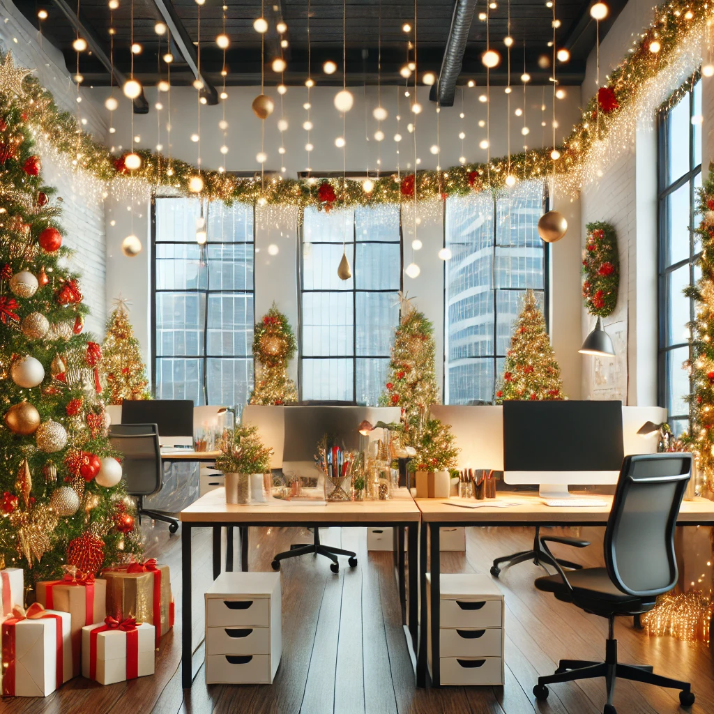 A-festive-Christmas-themed-office-environment-featuring-holiday-decorations-such-as-Christmas-trees-garlands-and-lights